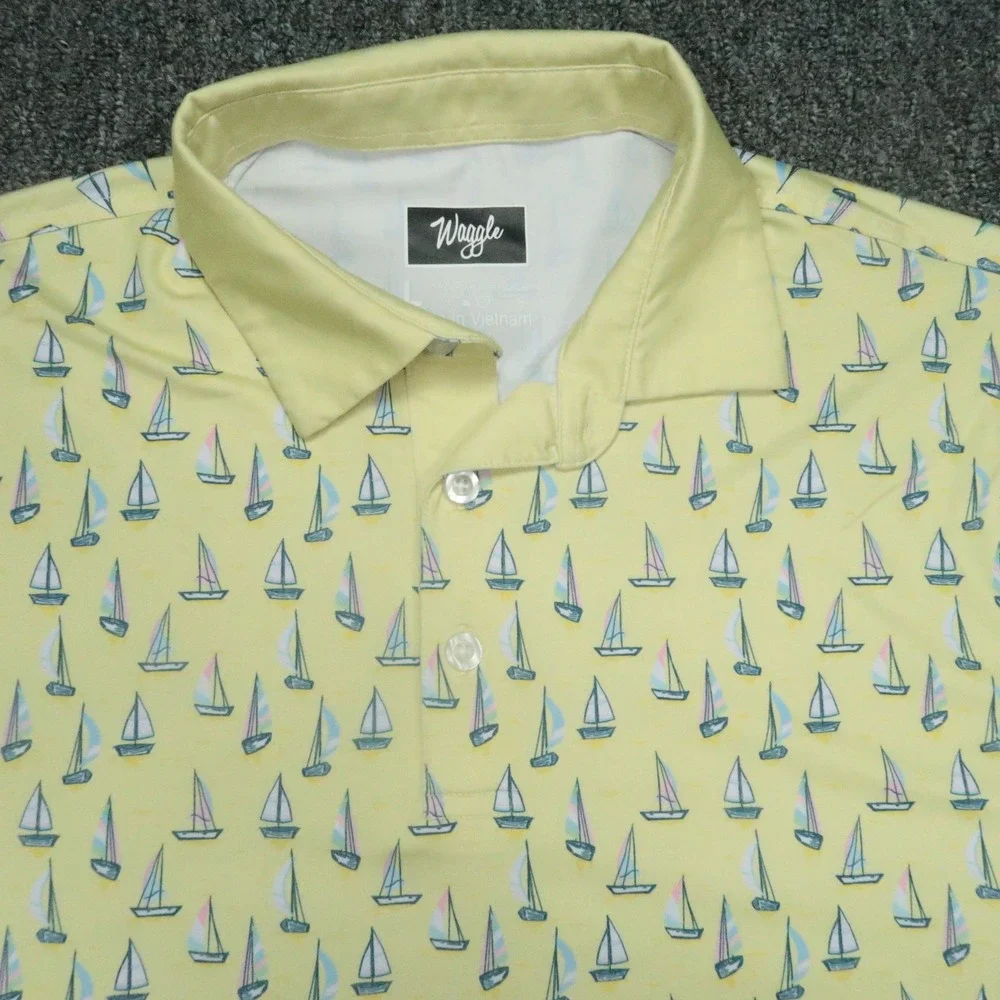Waggle Shirt Men Large Yellow Polo Sailboat All Over Print Performance Golf Polo - Picture 2 of 8